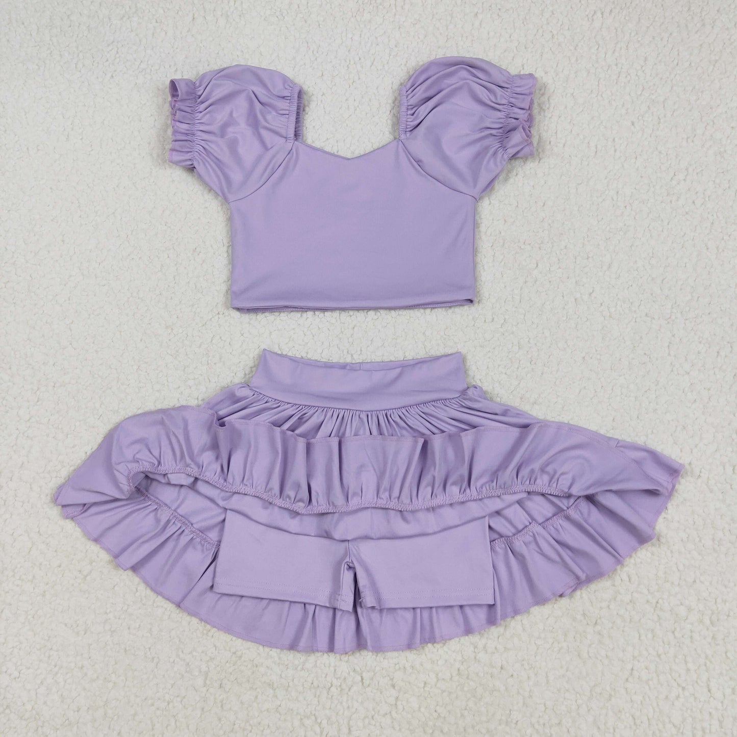 preorder GSD2099 yoga purple short sleeve skirt with shorts girls set