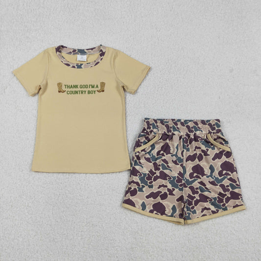 Embroidery BSSO1577 Thank god i'm a country boy short sleeve camo shorts boys set