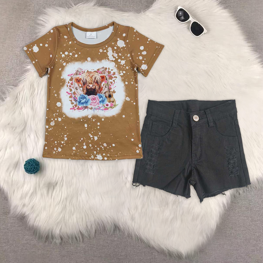 Western highland cow flowers brown sleeve black denim shorts jeans girls set