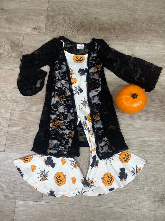 Halloween Black Lace Coat Pumpkin Jumpsuits Girls Set