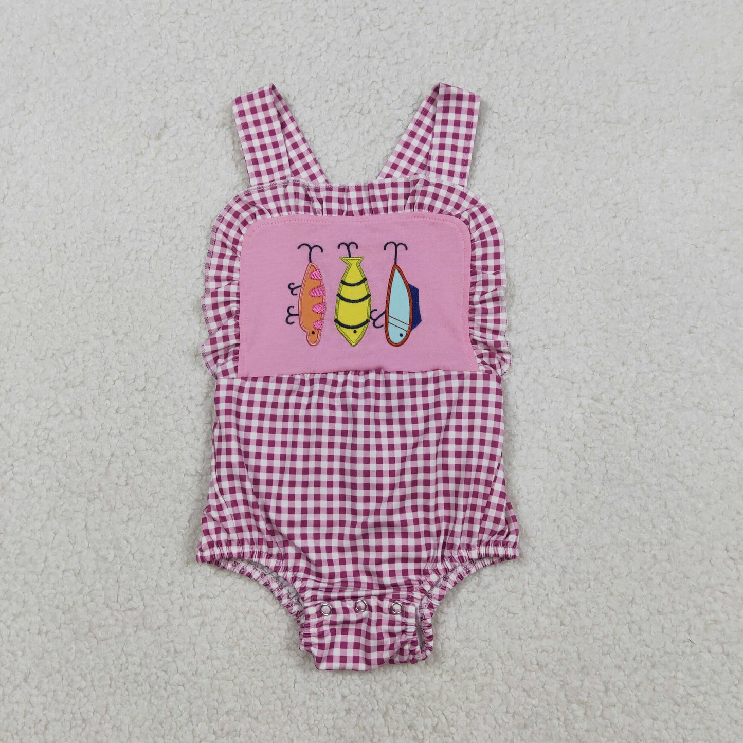 Embroidery SR3414 fish red checkered girls romper