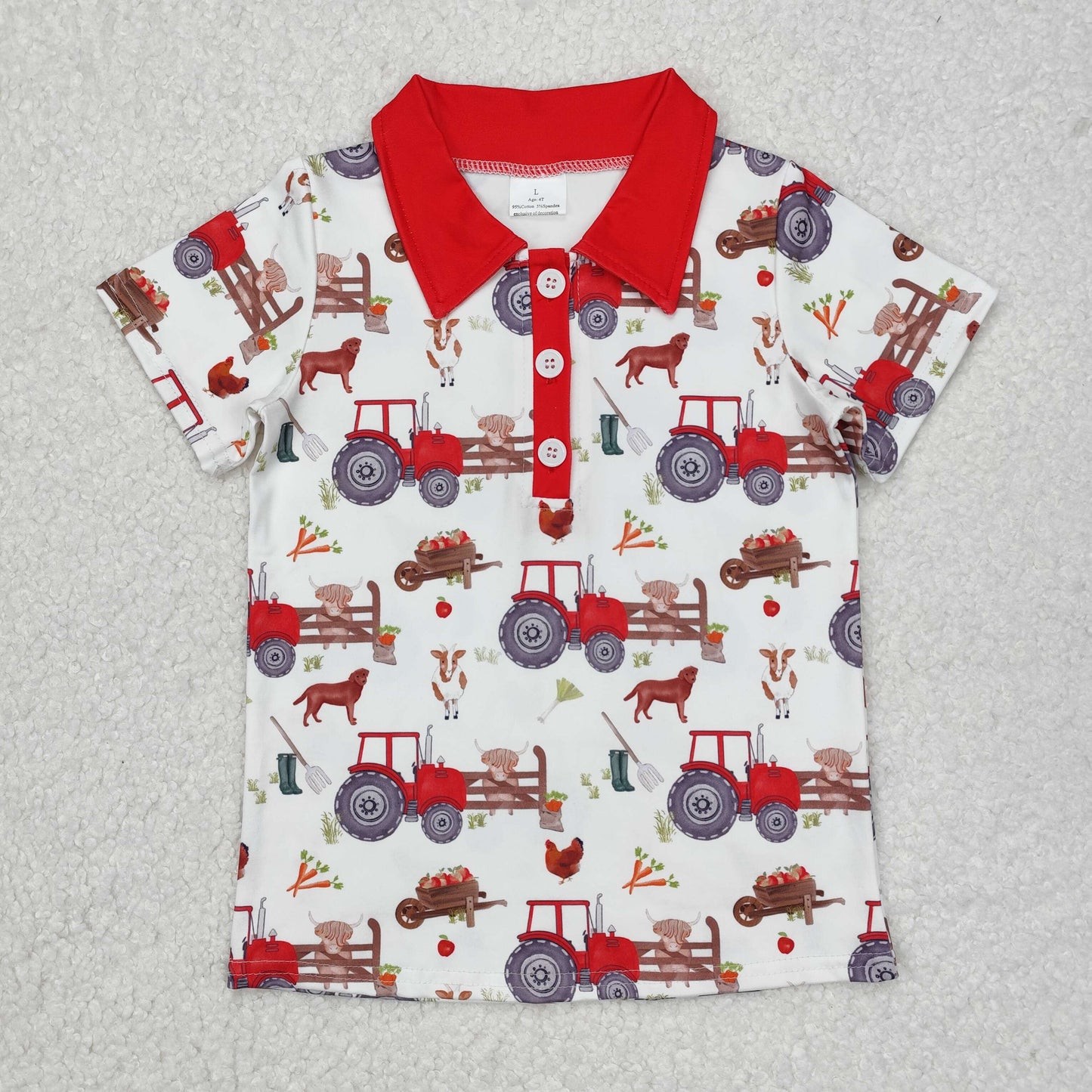 BT1043 Farm Tractor Animals Red Short Sleeve Boys Top