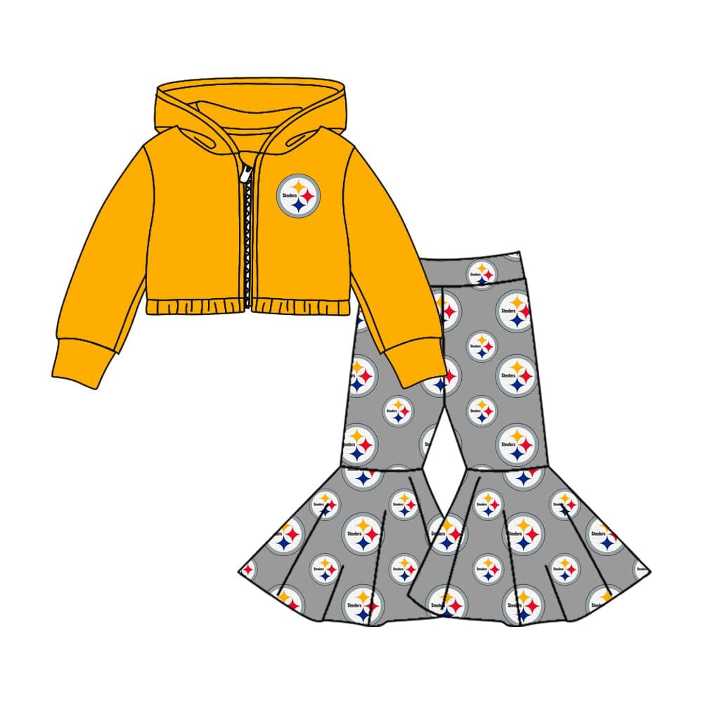 custom moq 3 football team Steelers yellow long sleeve hoodie coat grey pants girls set