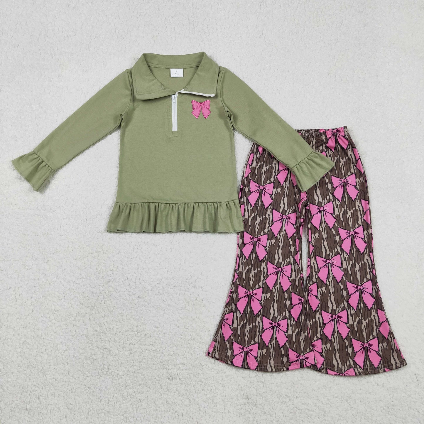Embroidery GLP2936 Valentine's Day green bows zipper long sleeve bows camo pants girls set
