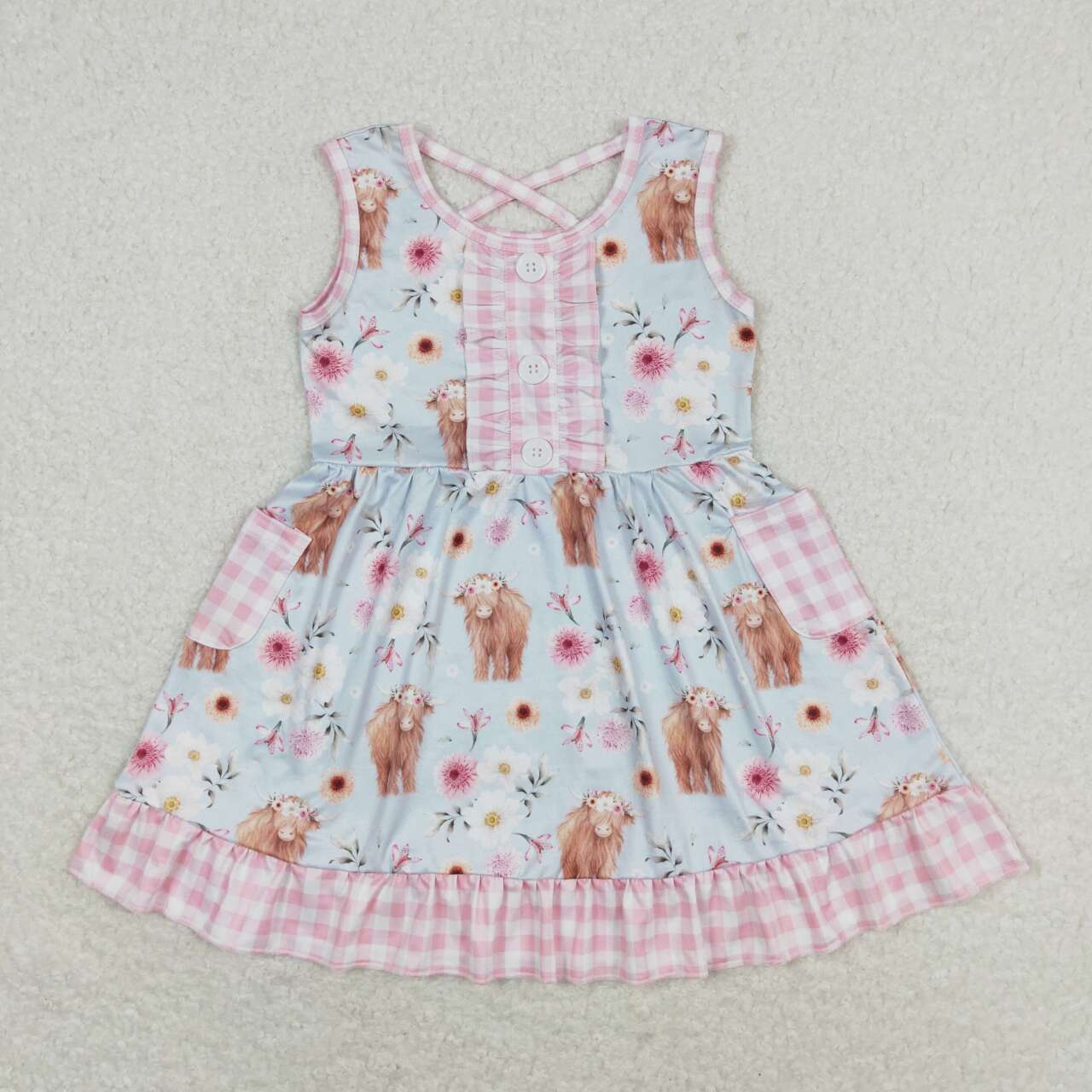 GSD1173 highland cow flowers pink checkered girls dress