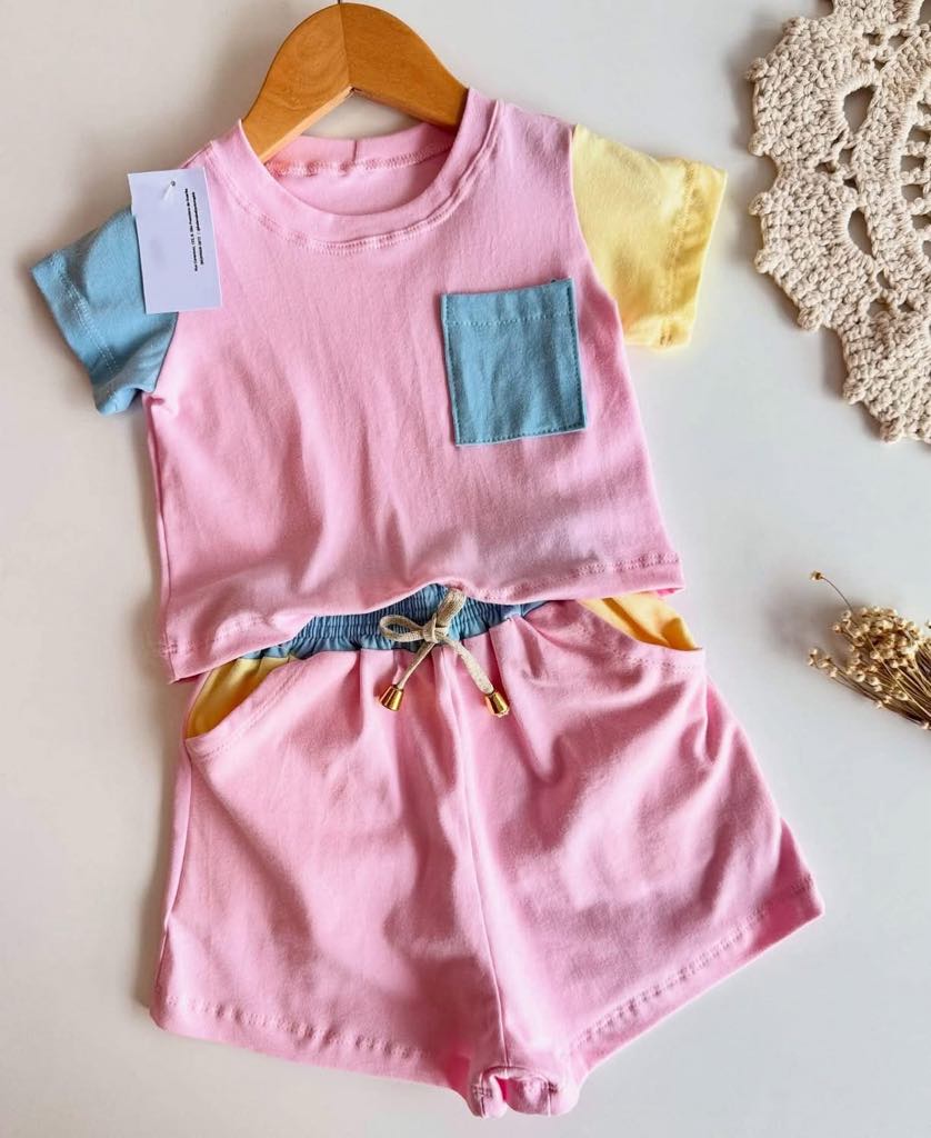 preorder blue pocket pink short sleeve shorts girls set