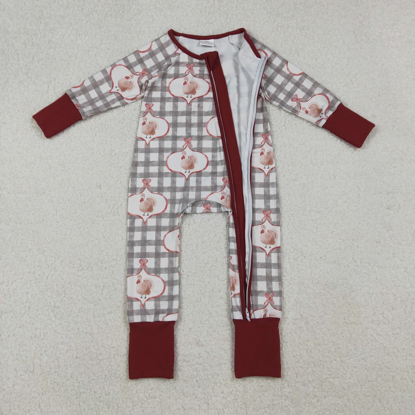 LR2691 Thanksgiving turkey green checkered zipper long sleeve girls romper