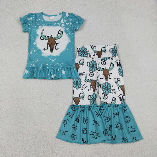 GSPO2114 Western cow turquoise short sleeve pants girls set
