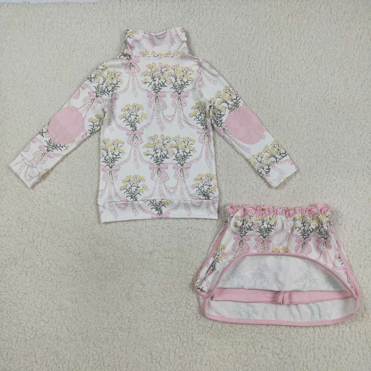 GLD1078 yellow flowers pink bows long sleeve zipper skirt with shorts girls set