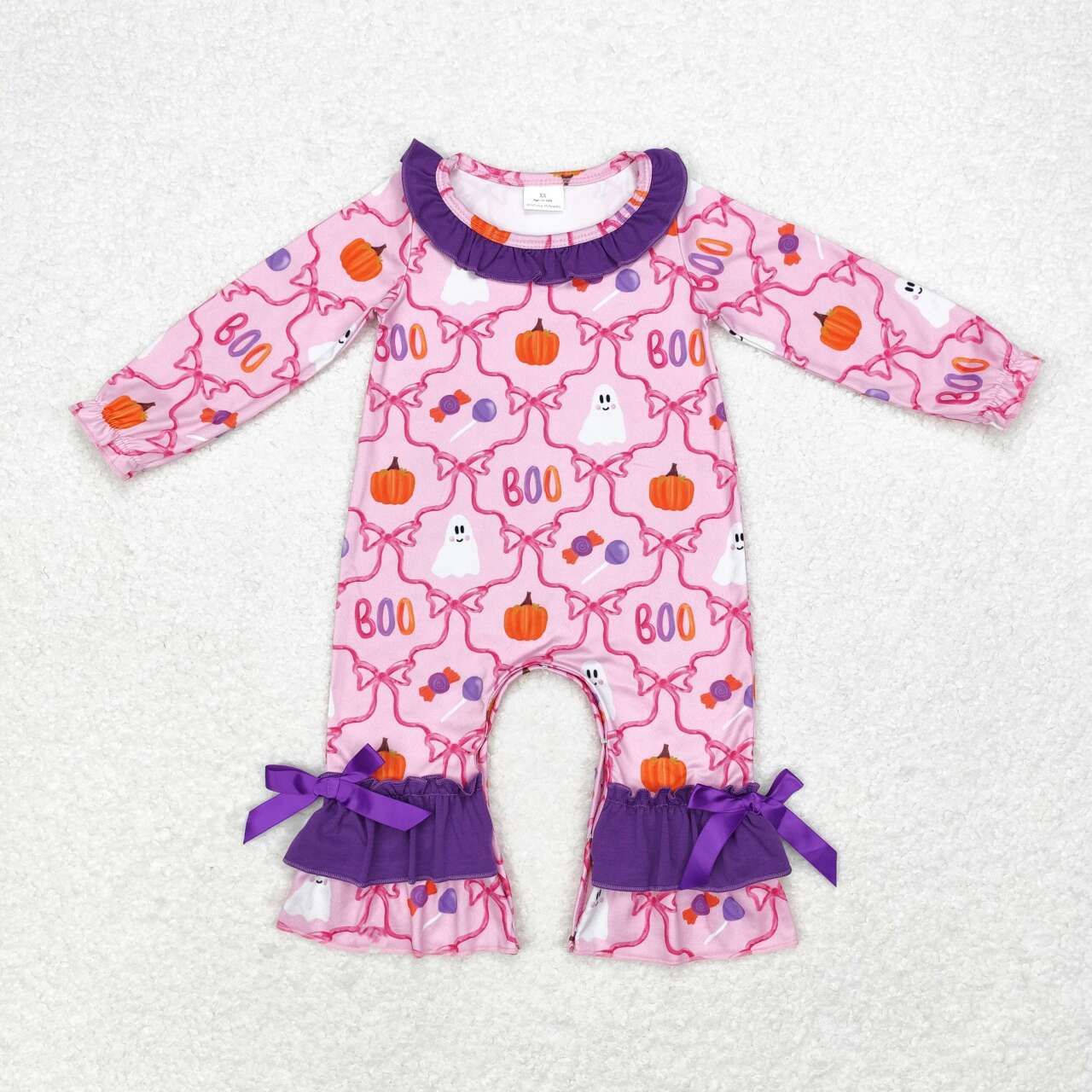 LR1411 Halloween boo spooky pumpkin hot pink long sleeve girls romper