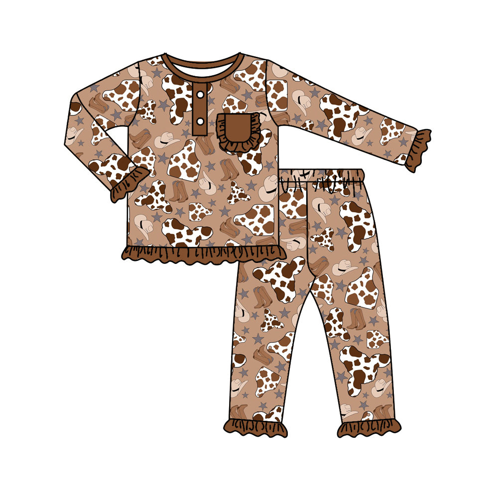 preorder GLP0773 Western cow print brown pocket long sleeve pants girls set