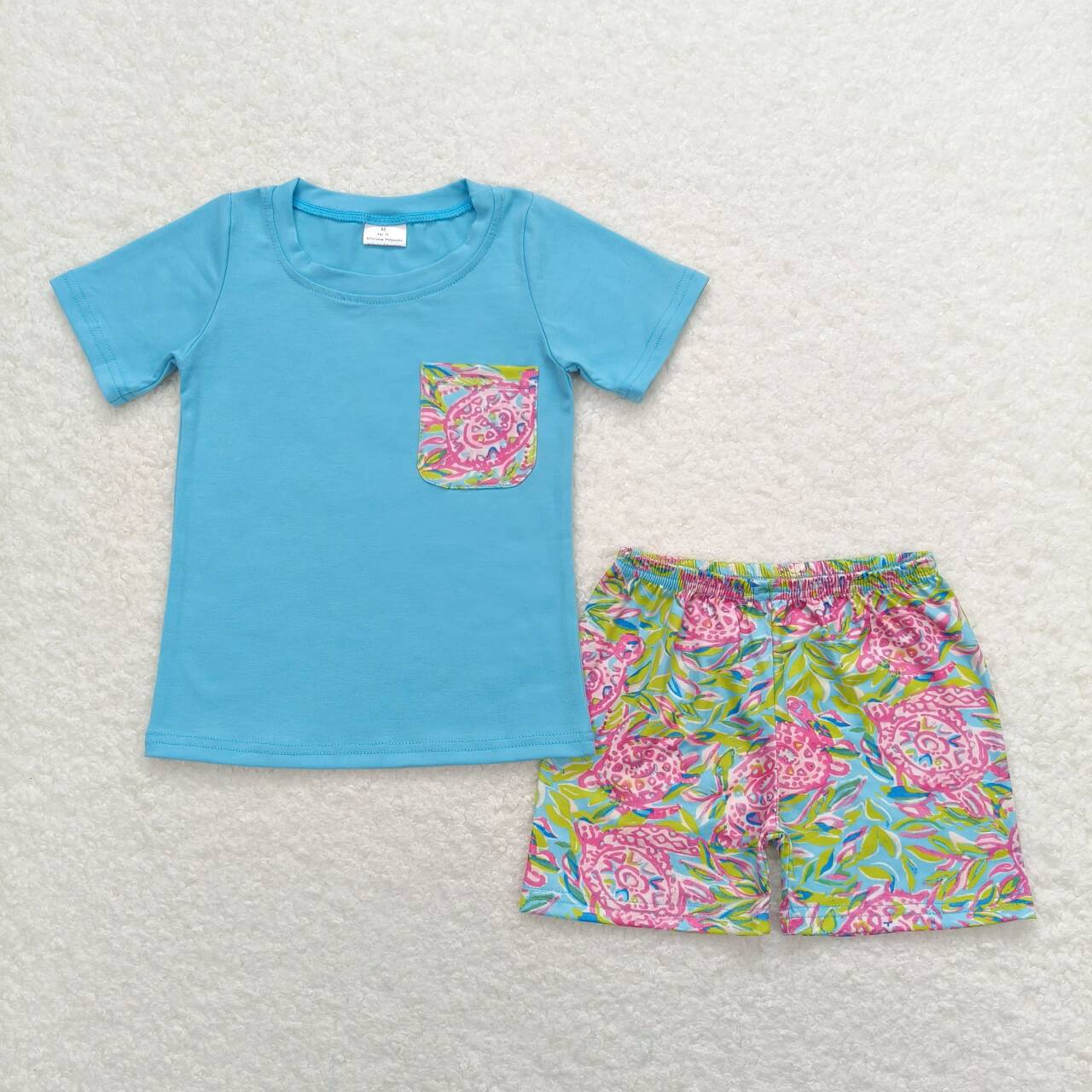 BSSO0846 LL hot pink tortoise green leaf pockets shorts boys set bright color