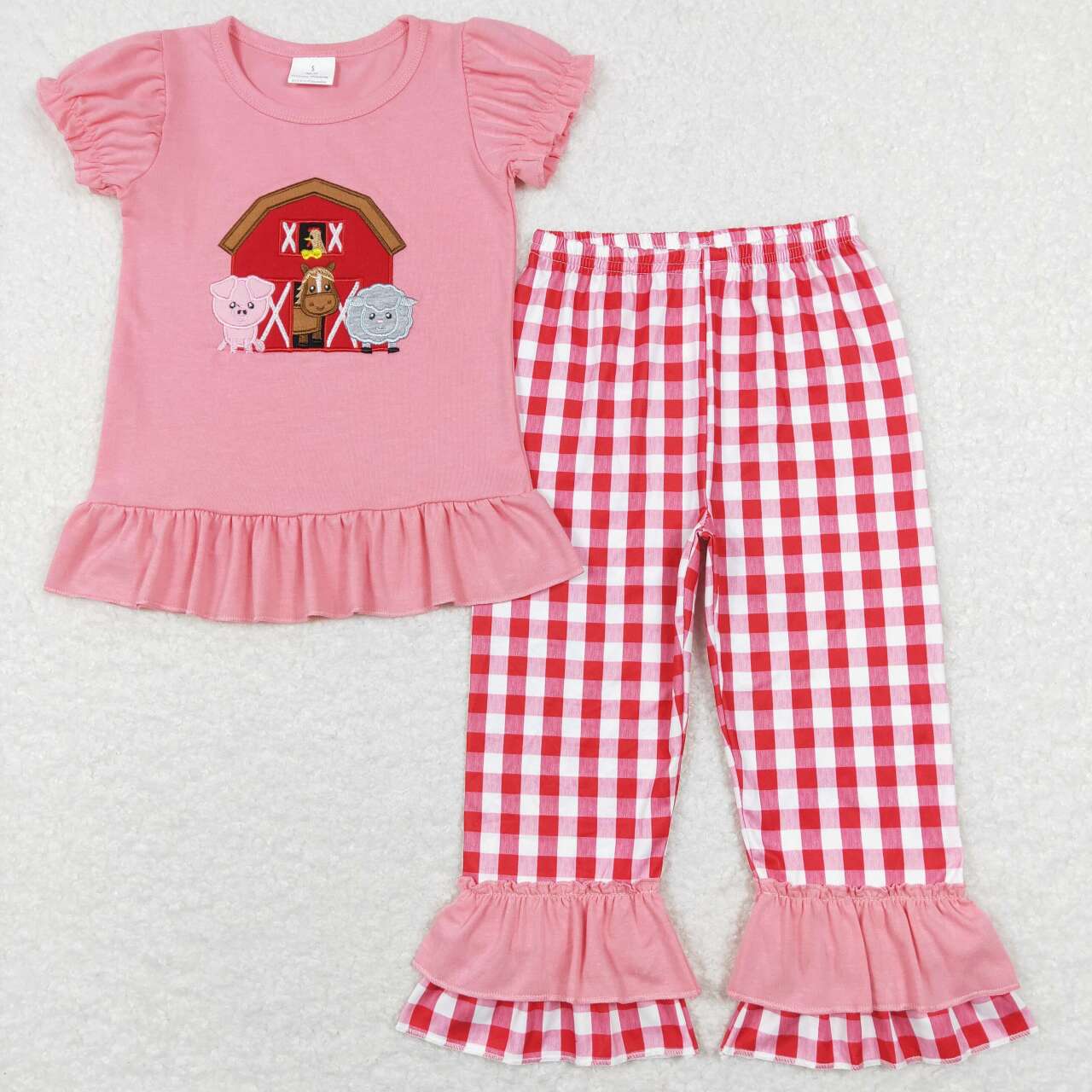 GSPO0994 Farm house pig horse sheep pink short sleeve red checkered pants girls set