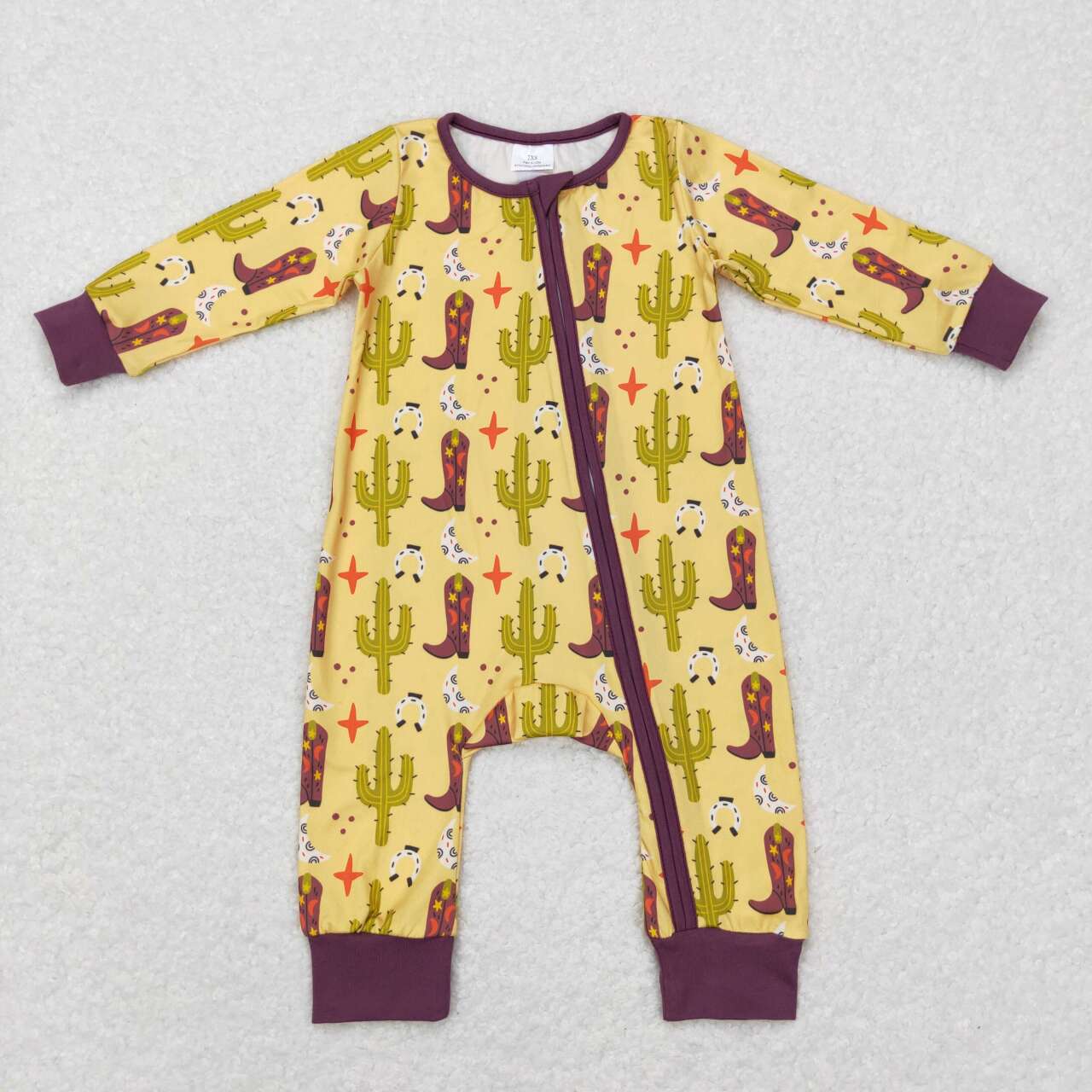 LR0766 Western cactus boot yellow long sleeve kids romper