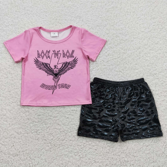 GSSO0316 Pink Short Sleeve World Black Leopard Print Shorts Girl Set