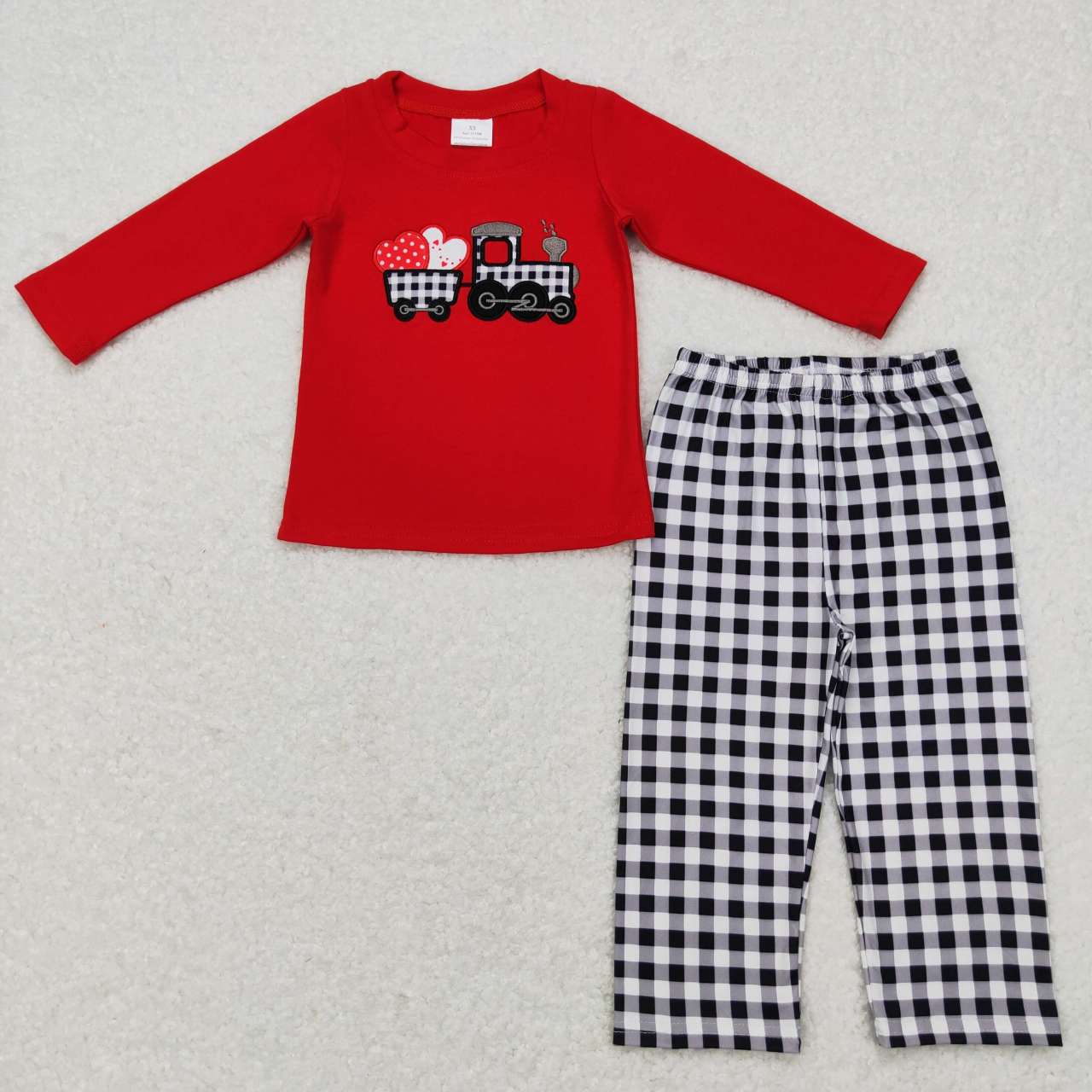 BLP0403 Valentine's Day heart truck red long sleeve black striped cell pants boys set