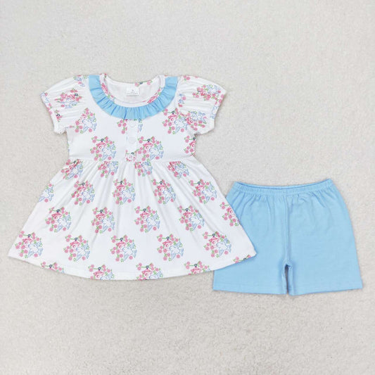 GSSO1225 peace bird flowers short sleeve blue shorts girls set