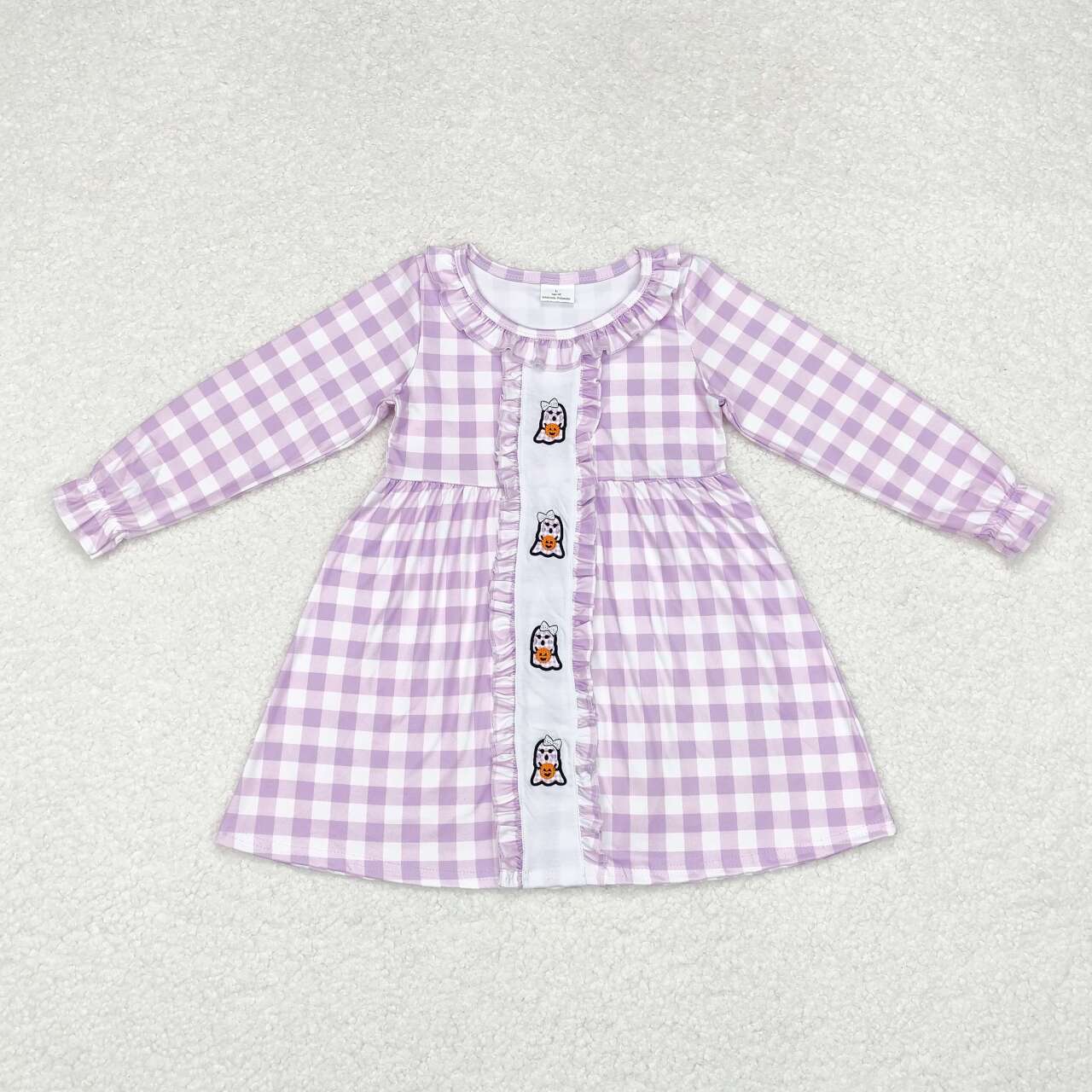 embroidery GLD0626 Halloween spooky pumpkin purple checkered long sleeve girls dress