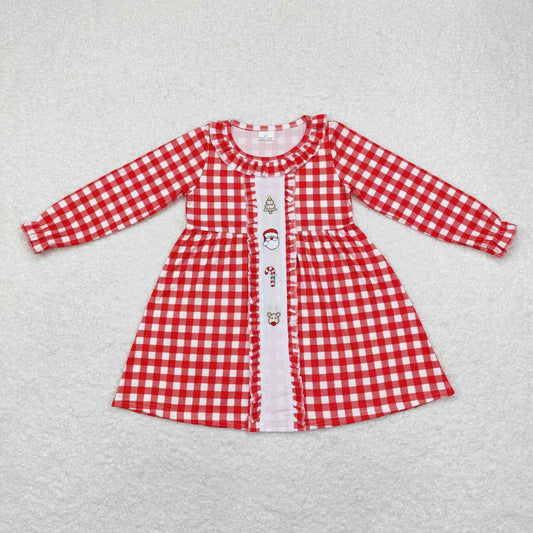 embroidery GLD0634 Christmas Santa tree red checkered long sleeve girls dress