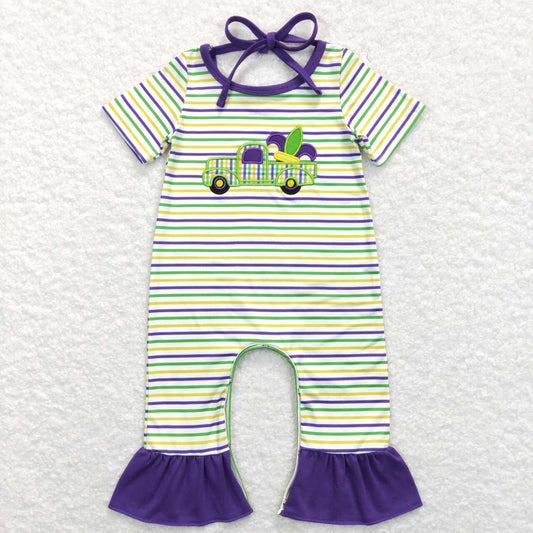 SR0518 Mardi gras truck purple striped short sleeve girls romper