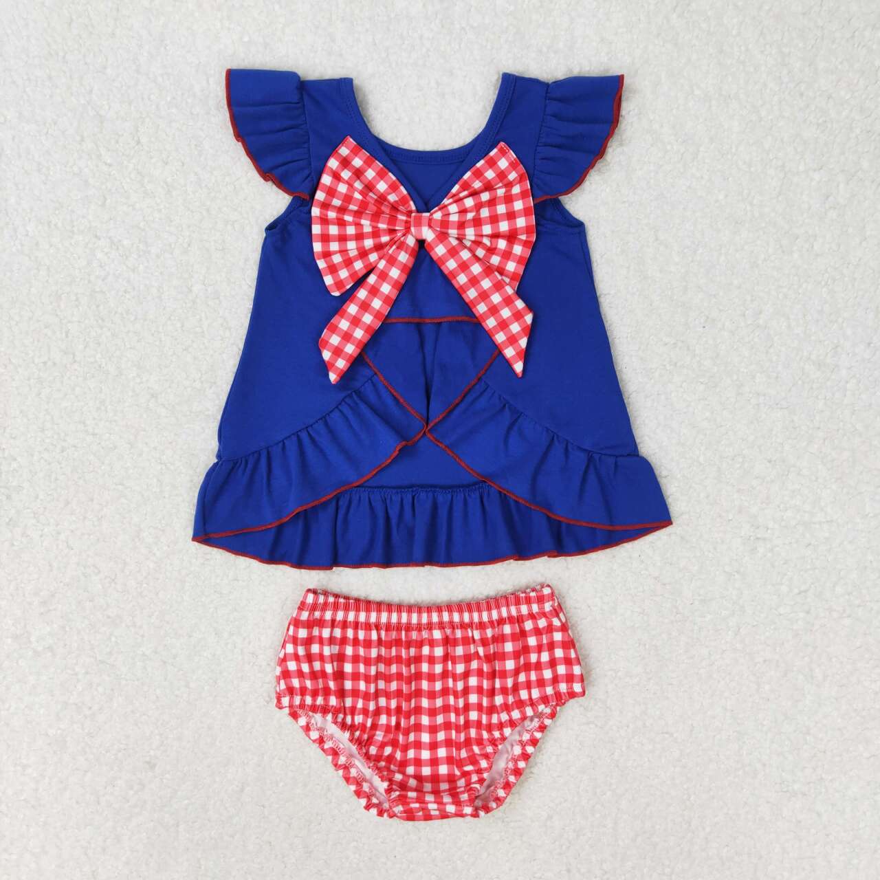 GBO0311 embroidery July 4th flag blue flutter sleeve red checkered girls bummies set