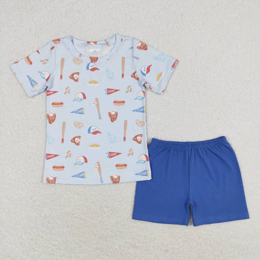BSSO0863 play baseball hot dog short sleeve blue cotton shorts boys set