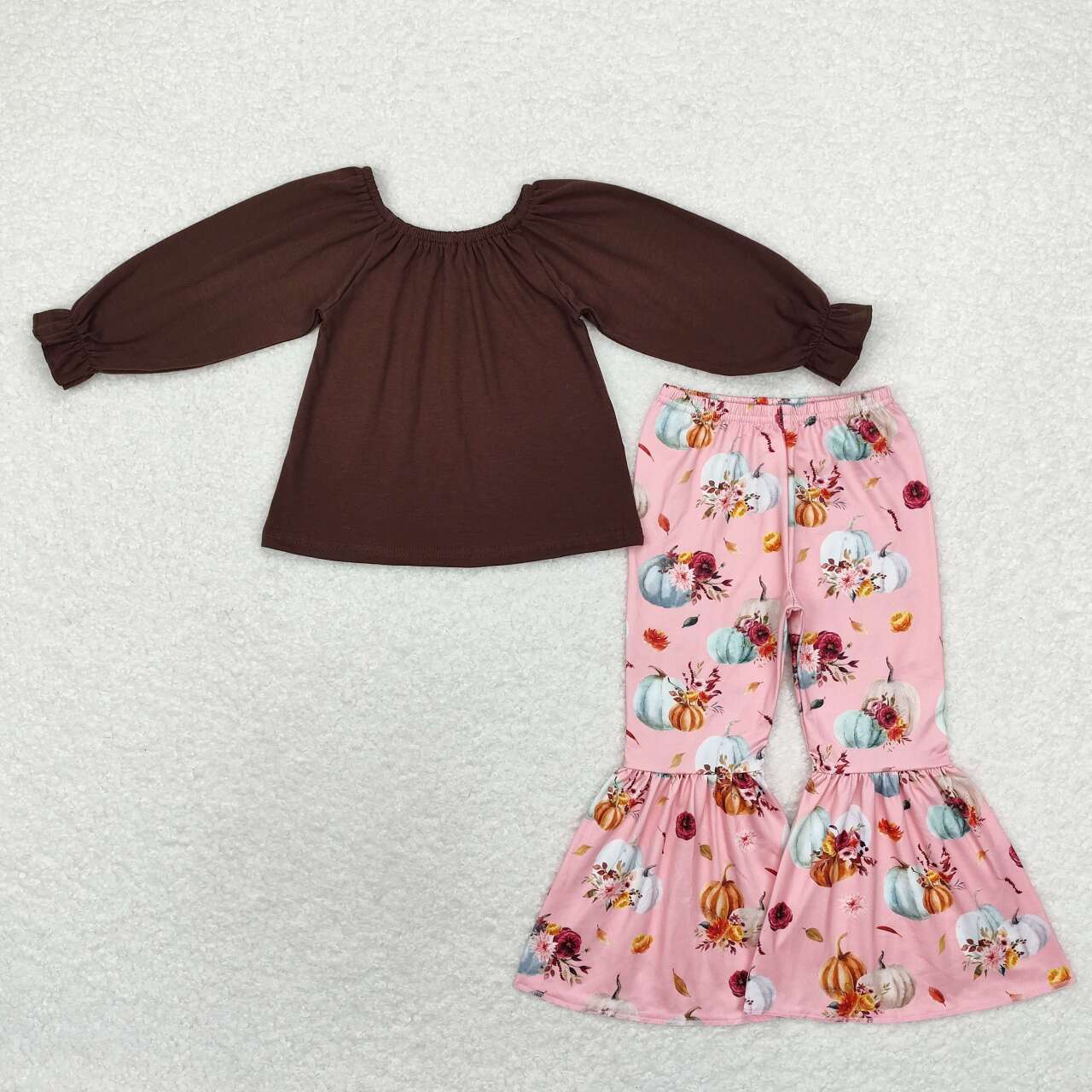 GLP1652 pumpkin brown long sleeve pink flowers pants girls set