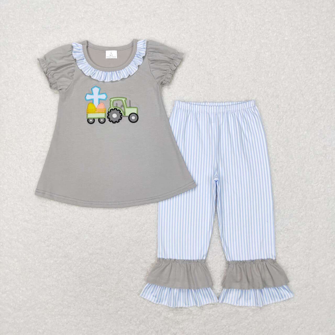 GSPO0973 Easter egg truck grey short sleeve blue striped pants girls set