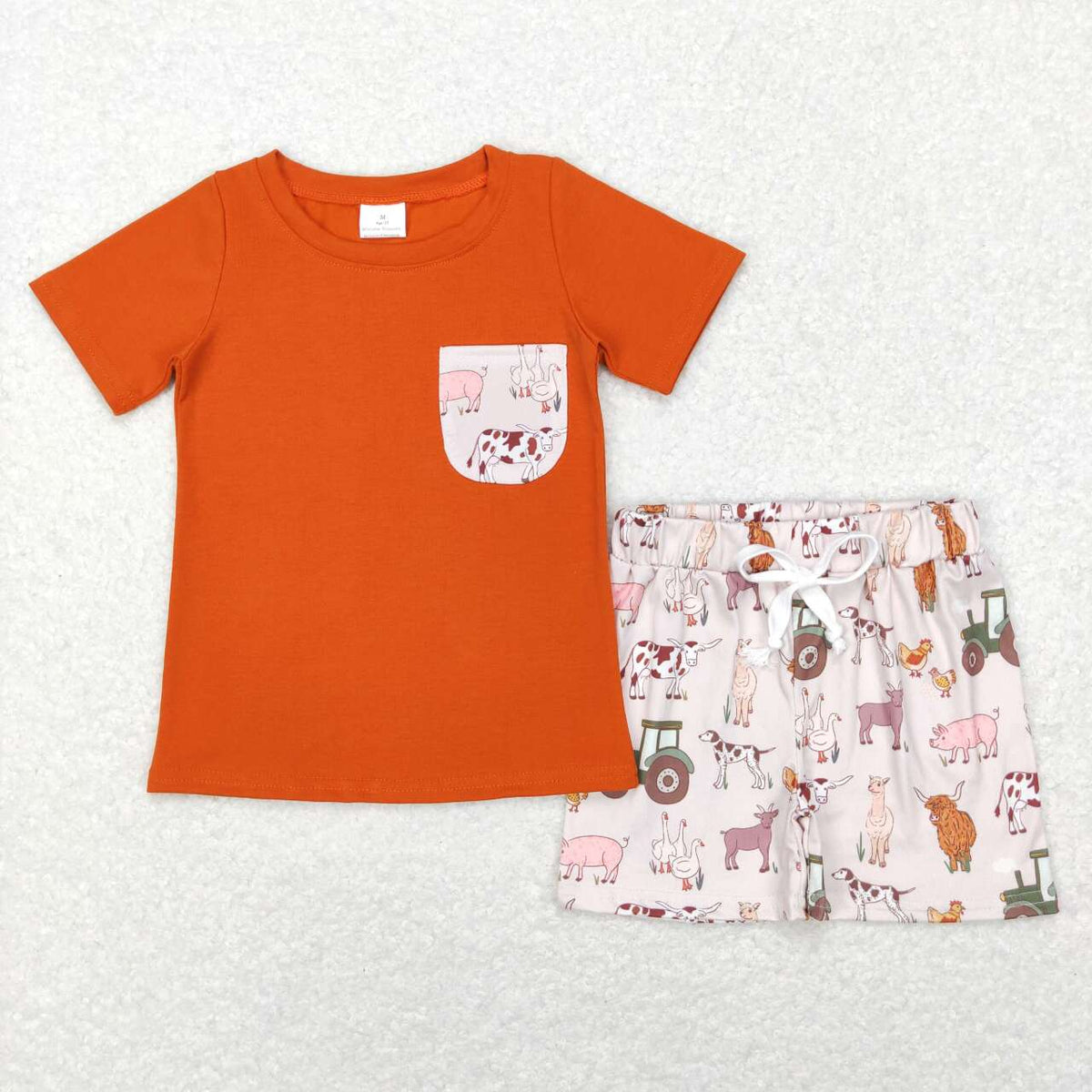 BSSO0339 Farm orange pocket short sleeve tractor animals shorts boys set