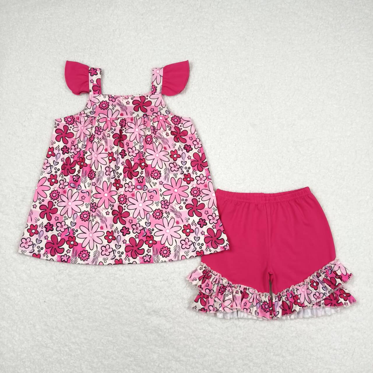 GSSO1005 hot pink flowers flutter sleeve shorts girls set