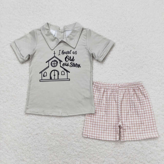 BSSO0742 old story house short sleeve khaki checkered shorts boys set