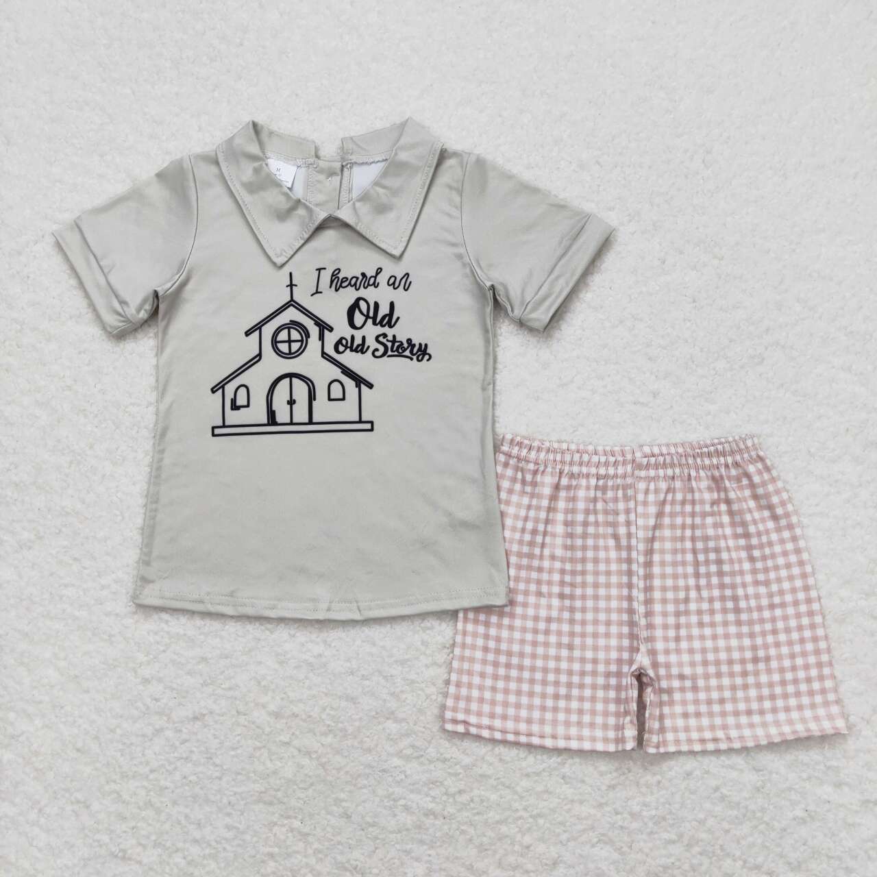 BSSO0742 old story house short sleeve khaki checkered shorts boys set