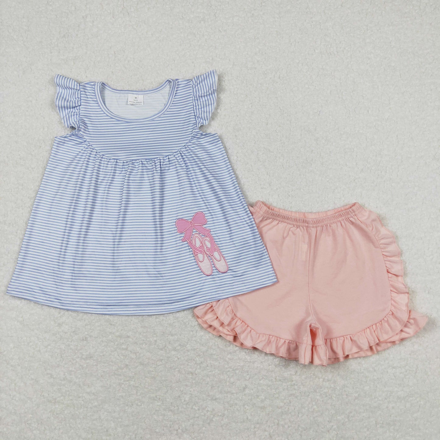 GSSO0582 embroidery Dance Shoe Blue Striped Flutter Sleeve Pink Shorts Girls Set