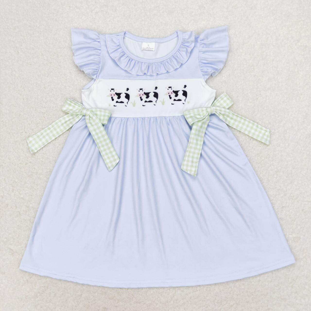 GSD1252 cow blue flutter sleeve bows girls dress