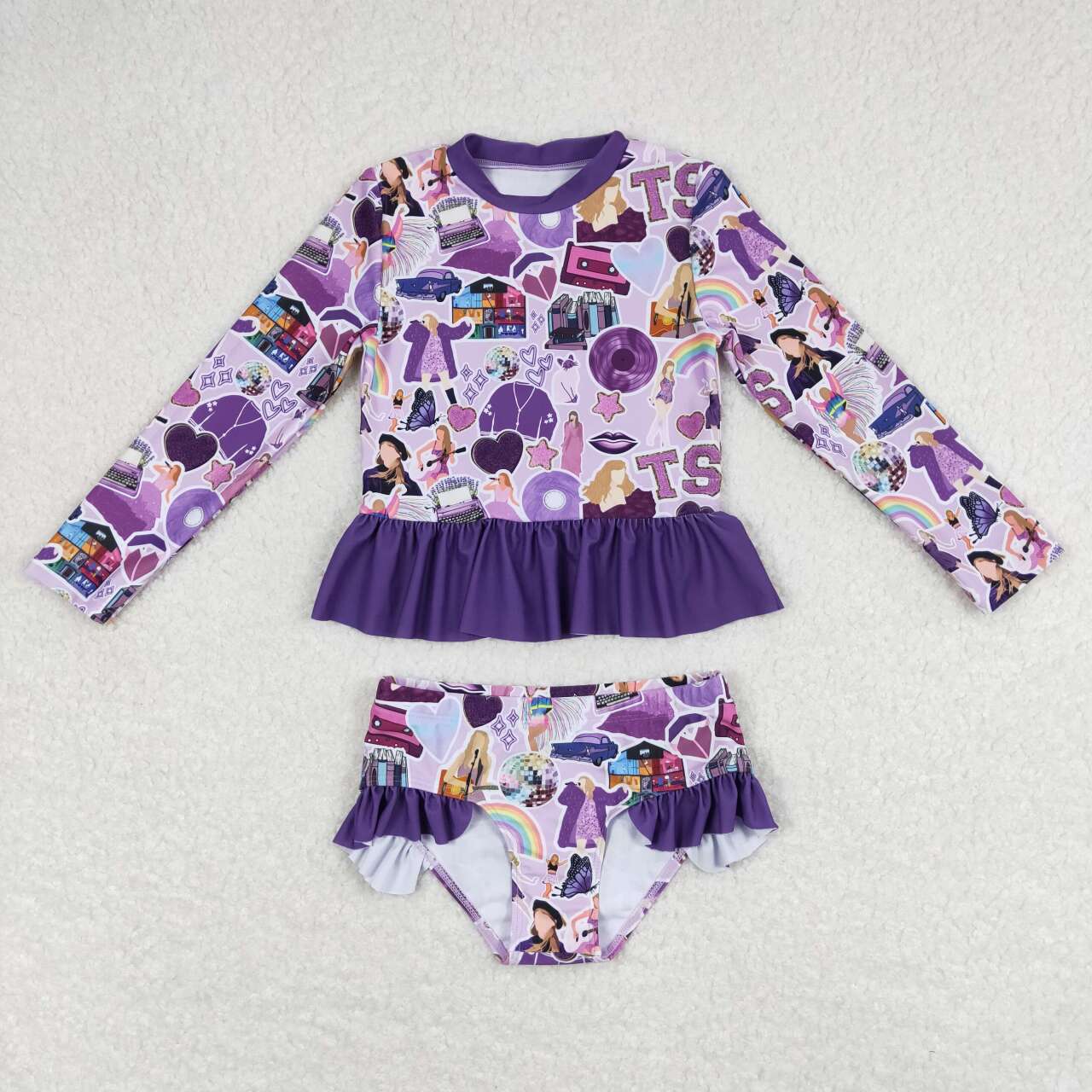 S0294 country singer TS purple long sleeve girls swimsuits