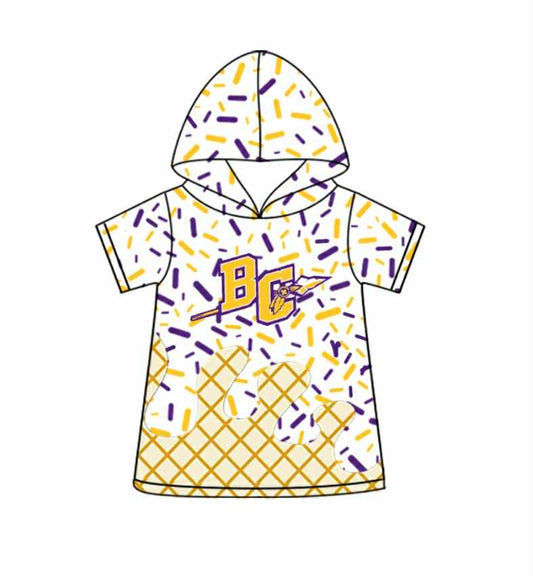 custom moq 3 football team purple yellow BC ice short sleeve hoodie boys top