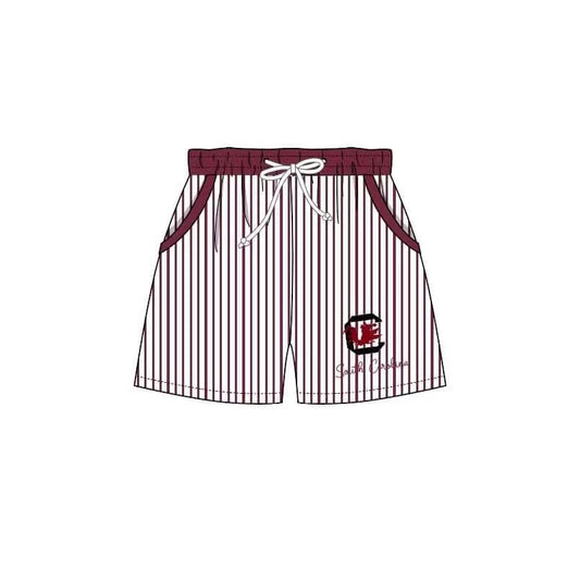 custom S football maroon striped pockets boys swimming trunk