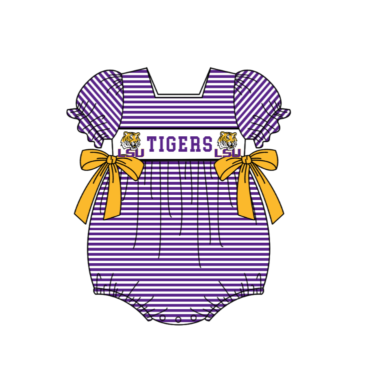 Custom Moq 3 Football Item Tiger Purple Short Sleeve Girls Romper