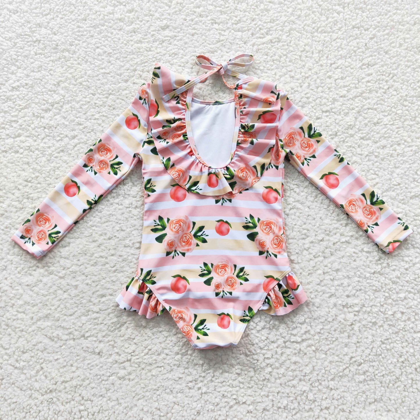 S0139 Pink Flower Print Peach Girls Long Sleeve Bathing Suits Swimsuits