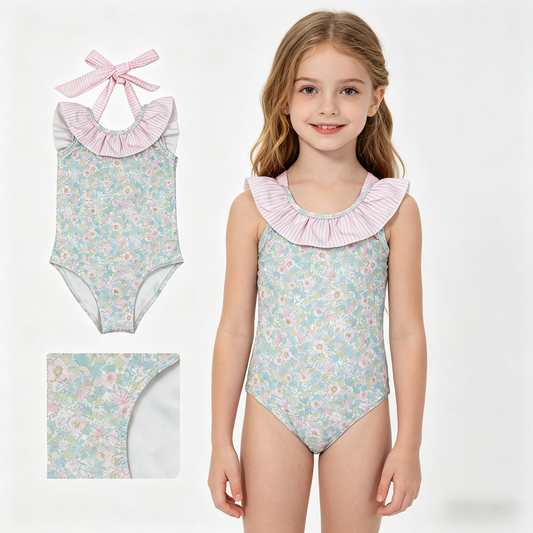 S0732 Flowers Pink Girls Swimsuits