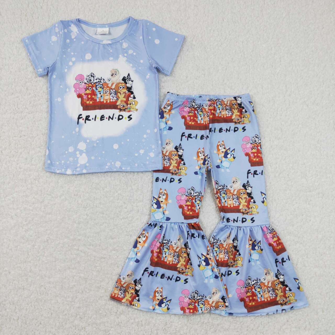 GSPO1286 Friends Blue Cartoon Blue Dog Short Sleeve Pants Girls Set