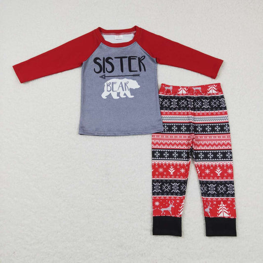 GLP0987 Christmas Sister bear long sleeve top deer tree red pants girls pajamas