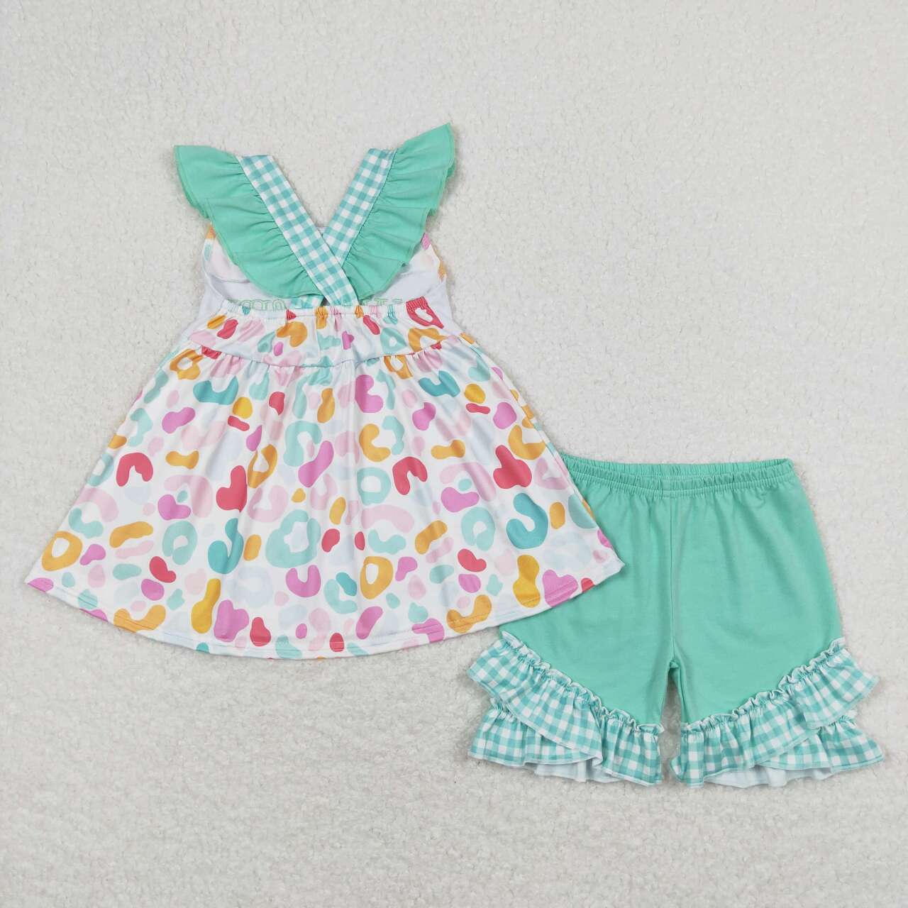 GSSO0815 embroidery mamas girl colorful leopard flutter sleeve green shorts girls set