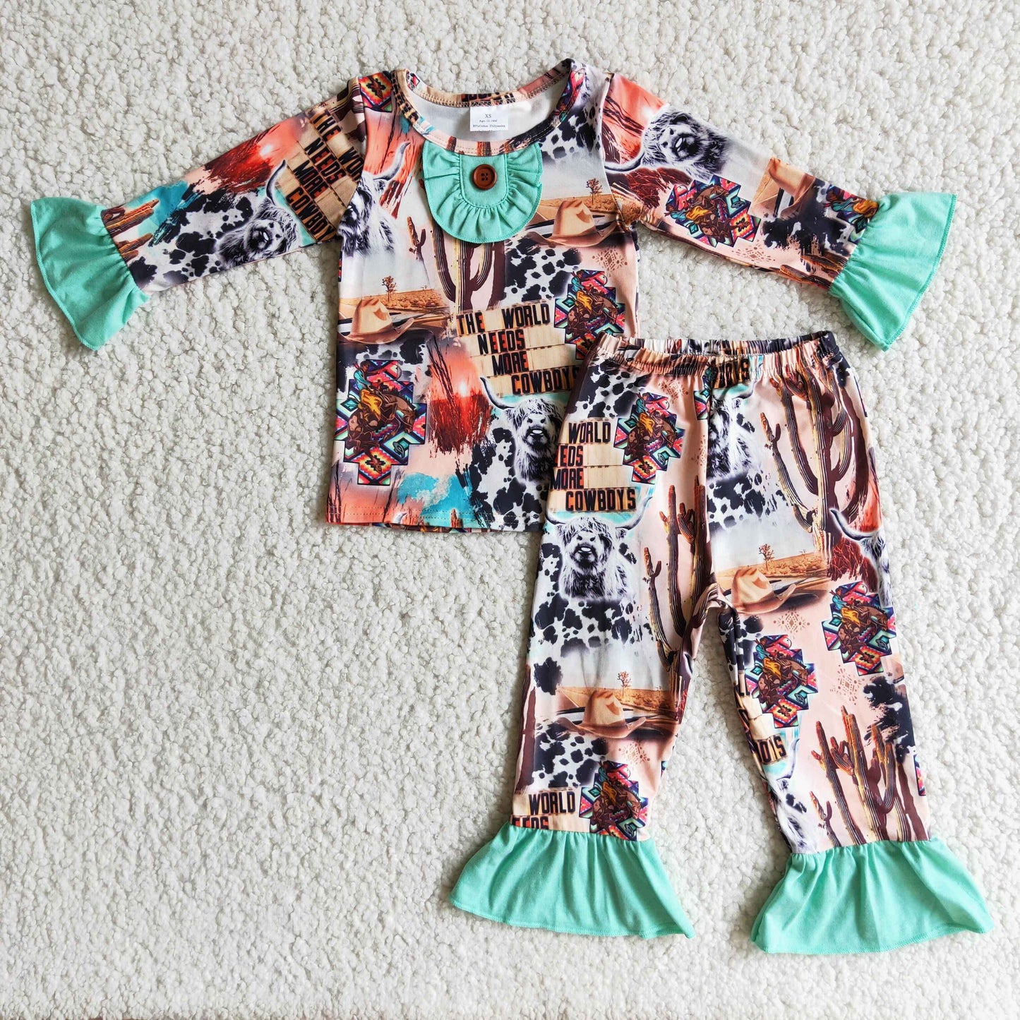 Western Print Ruffles Long Sleeve Girls Casual Pajamas Outfits
