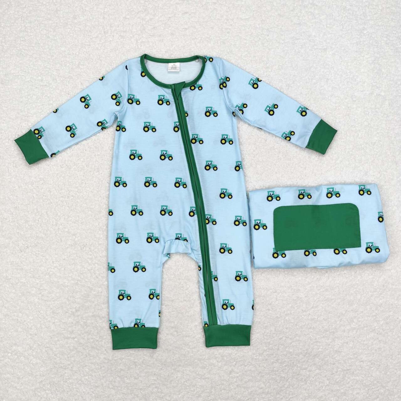 bamboo LR1253 farm tractor blue long sleeve boys zipper romper