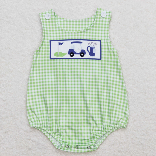 SR1227 Golf green checkered sleeveless boys romper