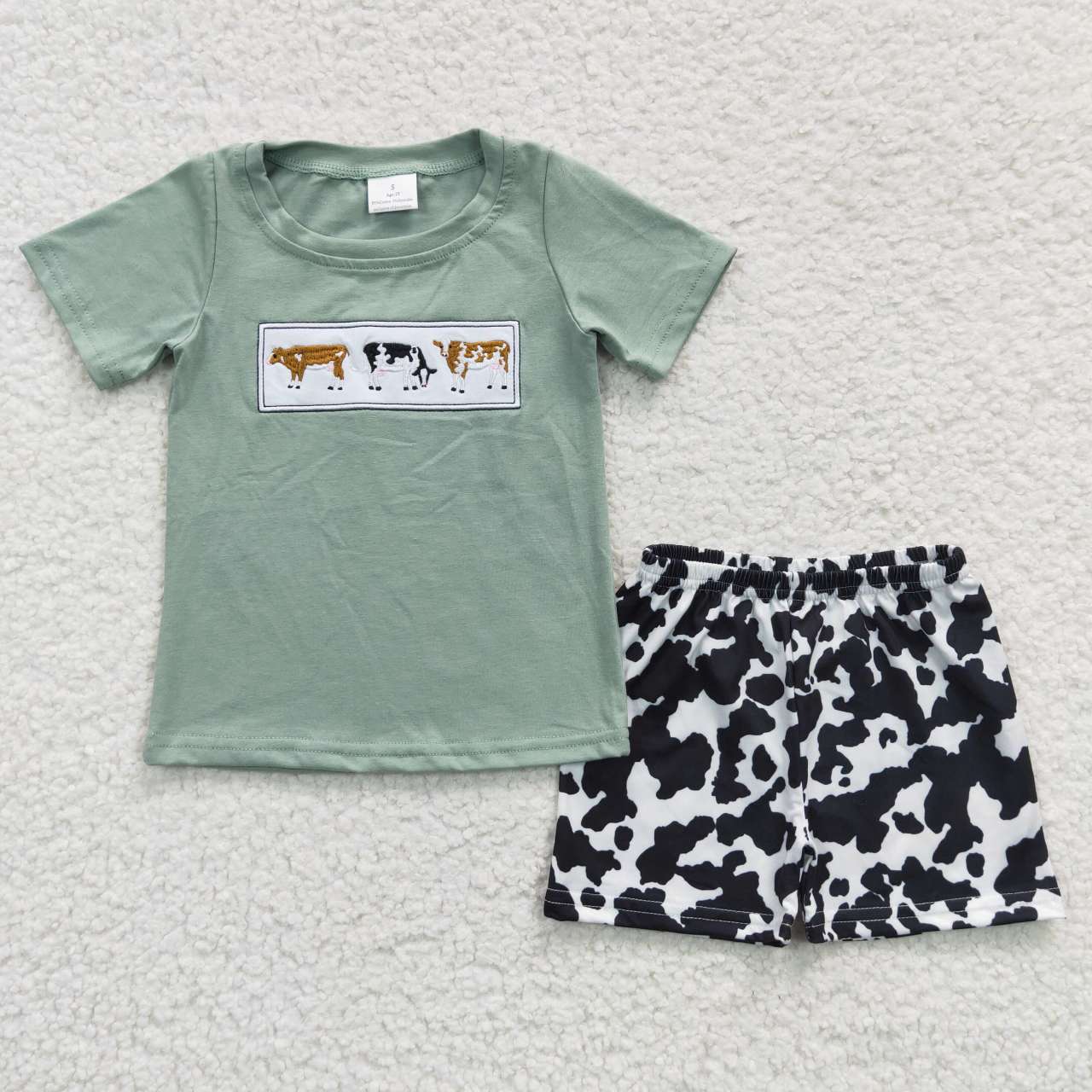 BSSO0264 Embroidery Cow Green Short Sleeve Cow Stripe Shorts Boys Set