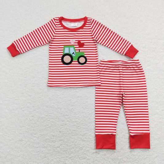 BLP0438 Embroidery Valentine's Day Heart tractor red striped boys pajamas