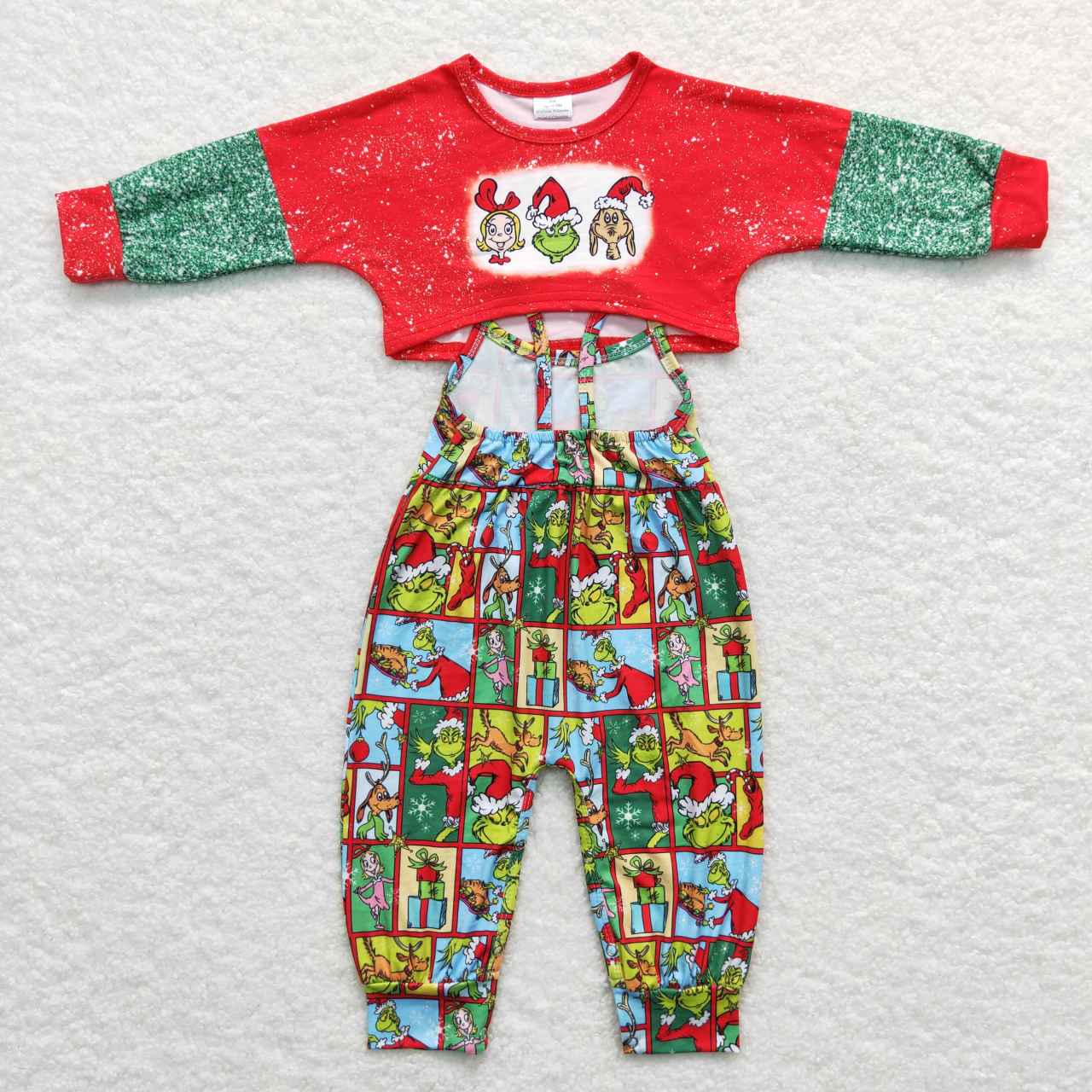 GLP0814 Christmas green face red long sleeve jumpsuits girls set