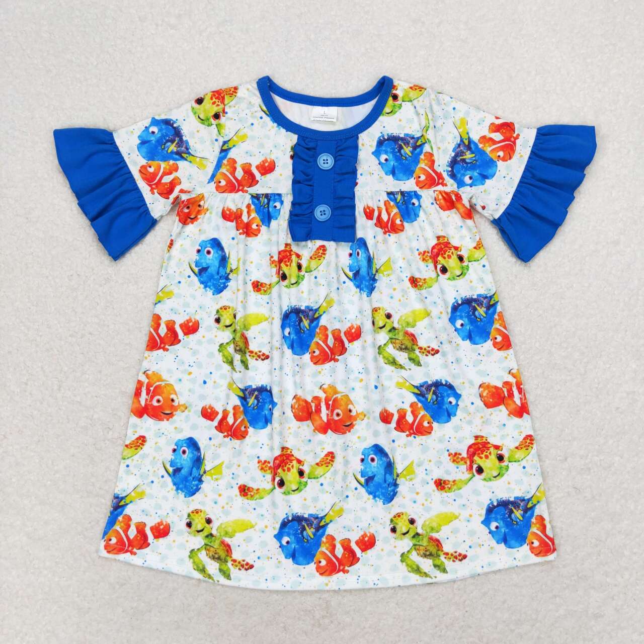 GSD1312 cartoon fish tortoise blue short sleeve girls dress